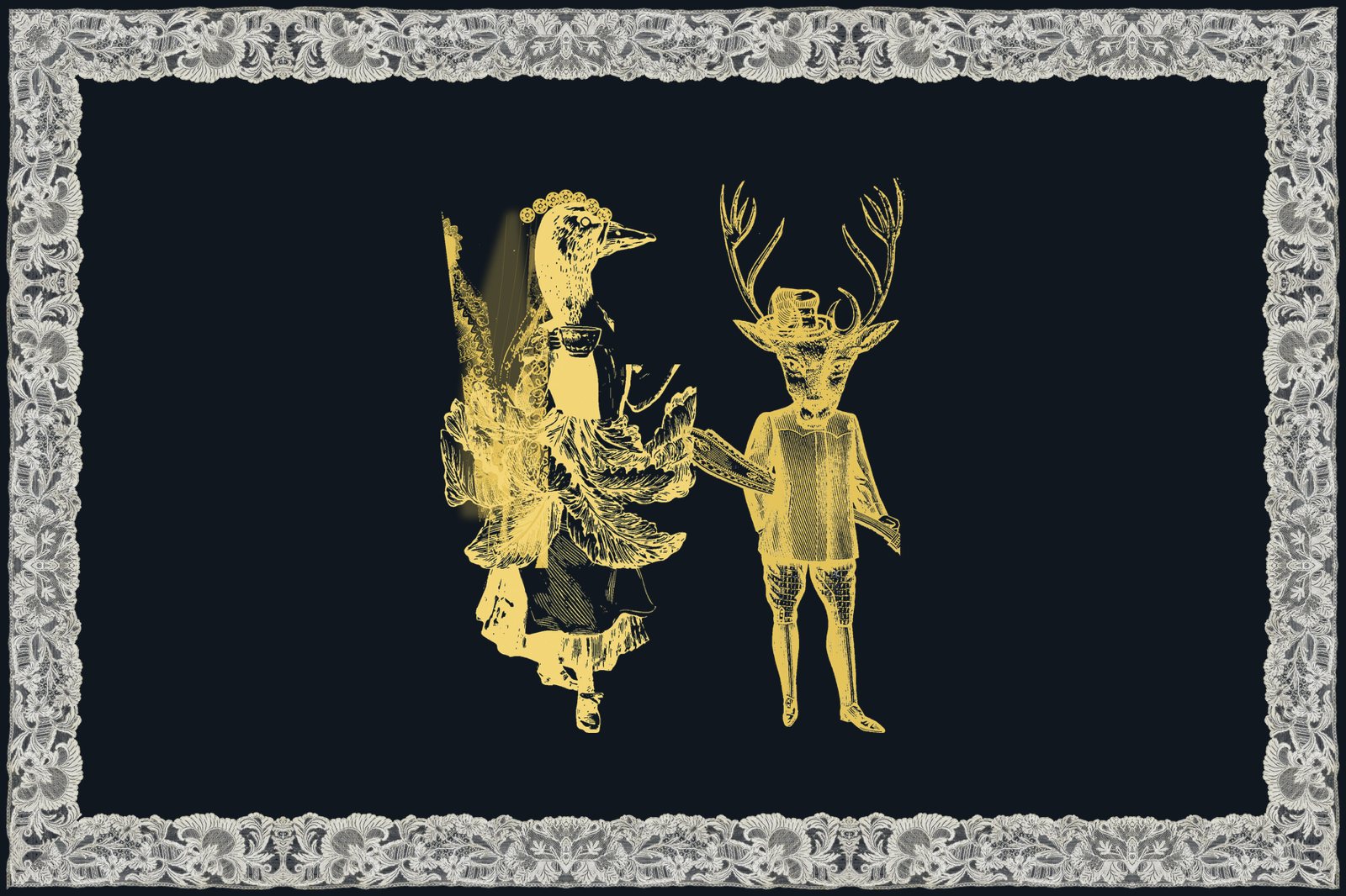 Gans als Braut und Hirsch als Bräutigam, in Gold, in einem Rahmen aus alter Spitze